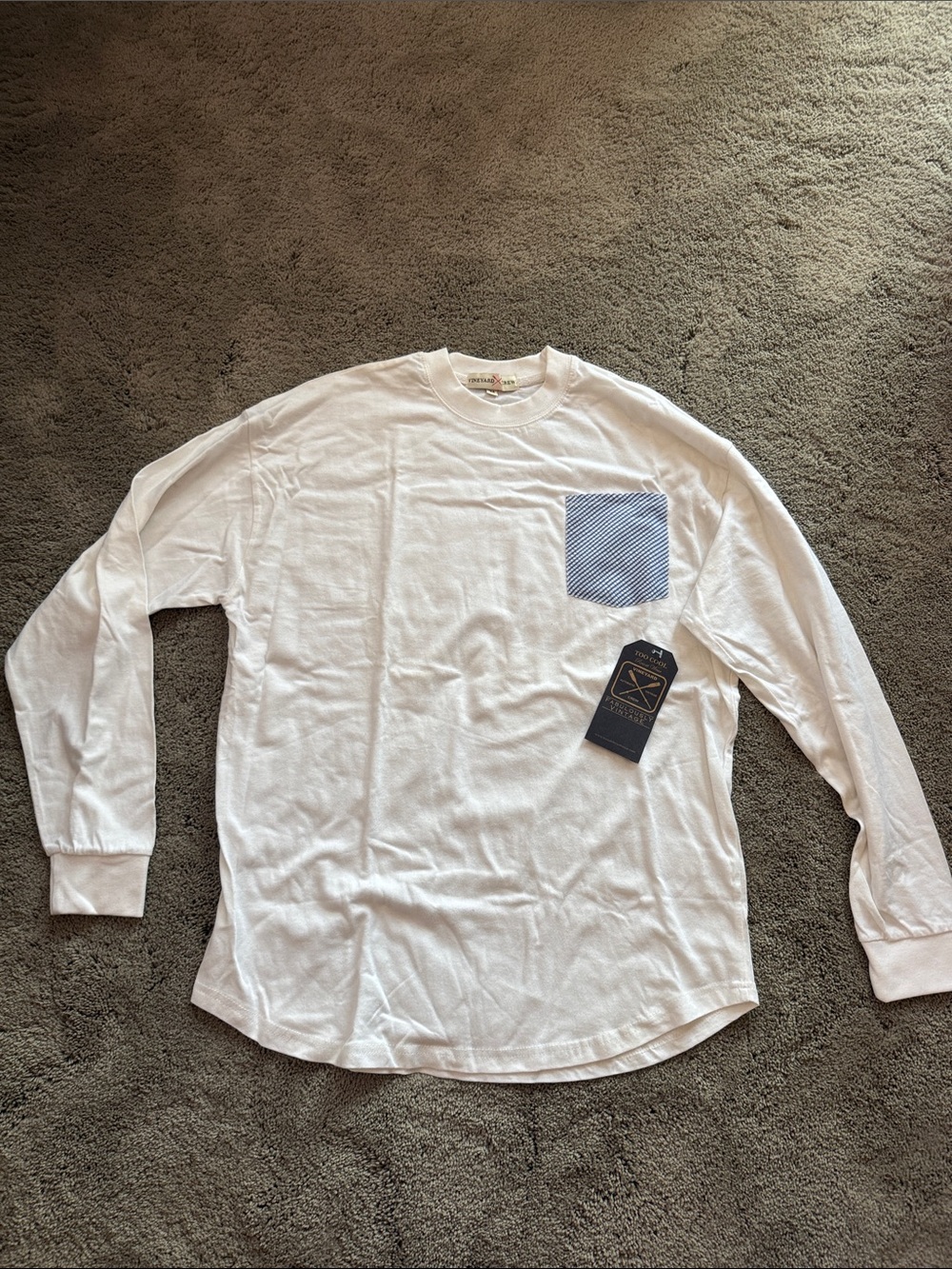 Vineyard Vines Men's White Long-Sleeve Pocket T-Shirt /Blue Patterned Pocket NEW